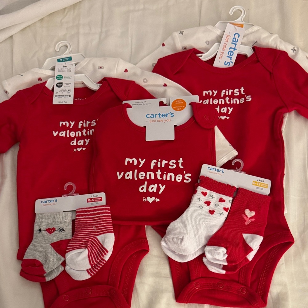 Carter's Red Valentine's Day Bodysuit Set Bib and socks